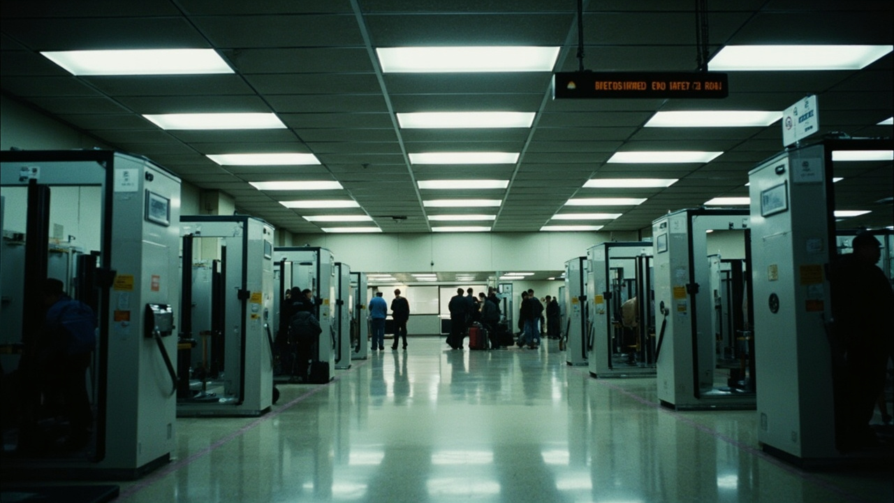 A TSA checkpoint with empty lanes and a closed sign at an American airport