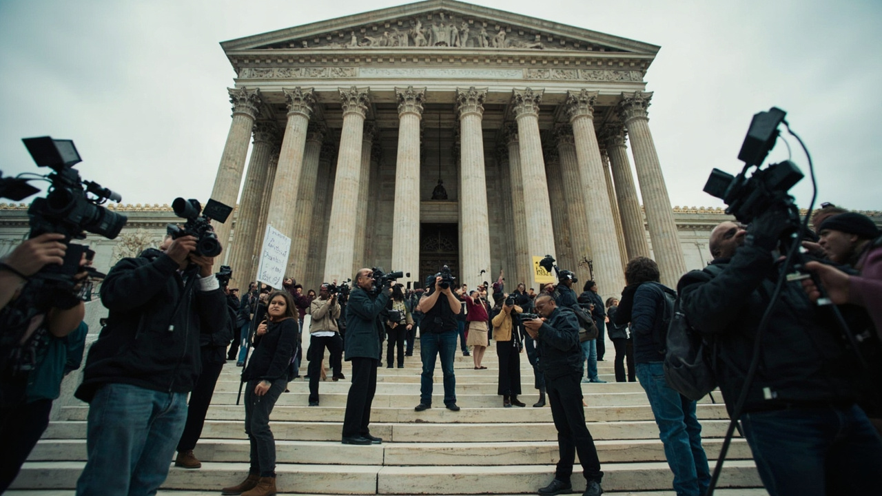 The entrance to a federal courthouse with protestors and media cameras gathered on the steps