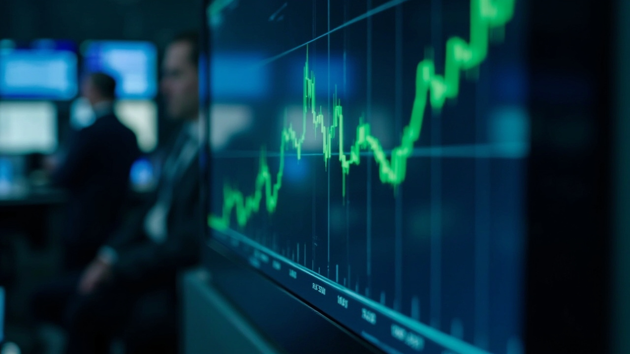A trading floor screen showing a sharp upward green line on a stock chart