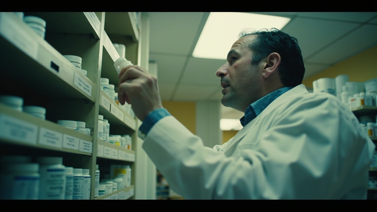 A pharmacy shelf lined with prescription medication bottles, a pharmacist's hand reaching for one, fluorescent lighting overhead