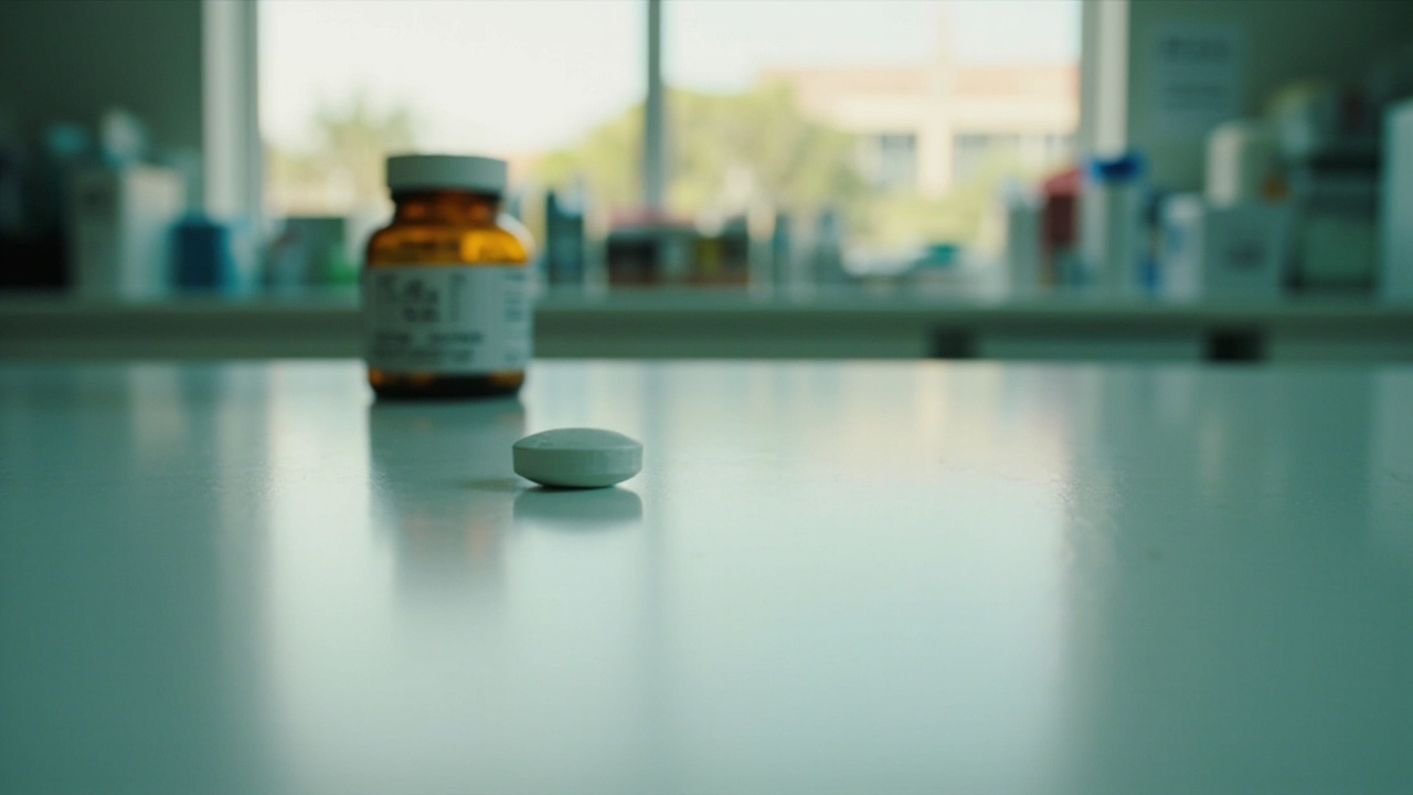 A single white pill resting on a pharmacy counter beside a prescription bottle