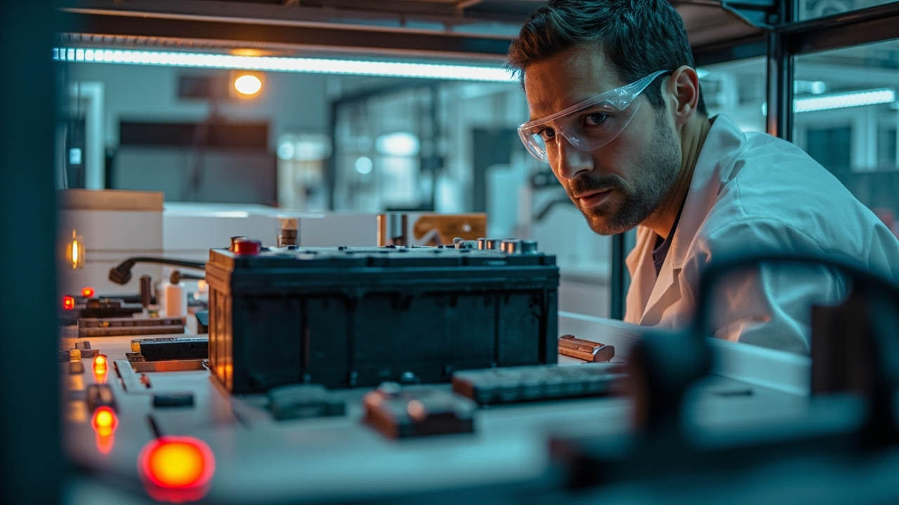 An EV battery module being tested in a laboratory with heat monitoring equipment