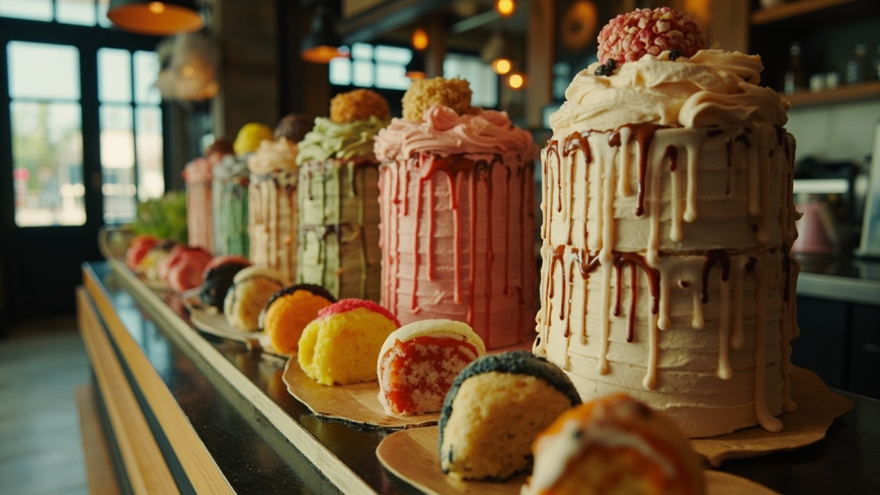 A colorful spread of musubi variations and layered chaos cakes on a restaurant counter