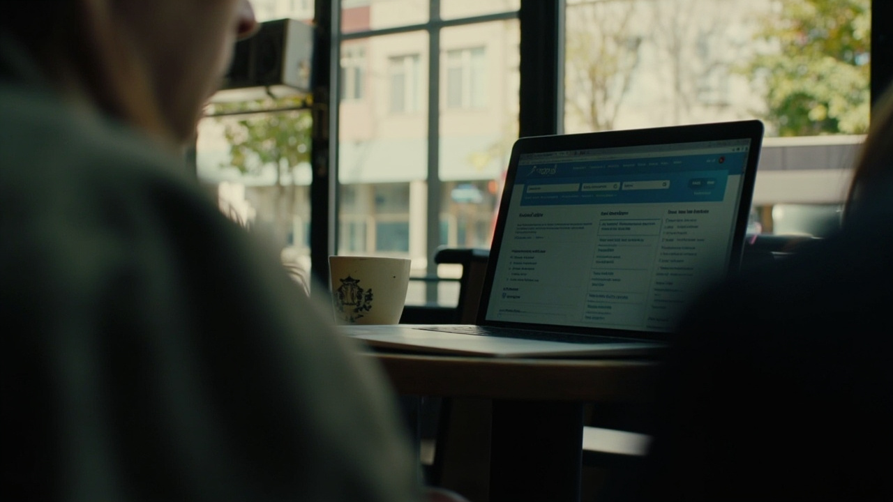 A person working on a laptop in a coffee shop with job search tabs visible