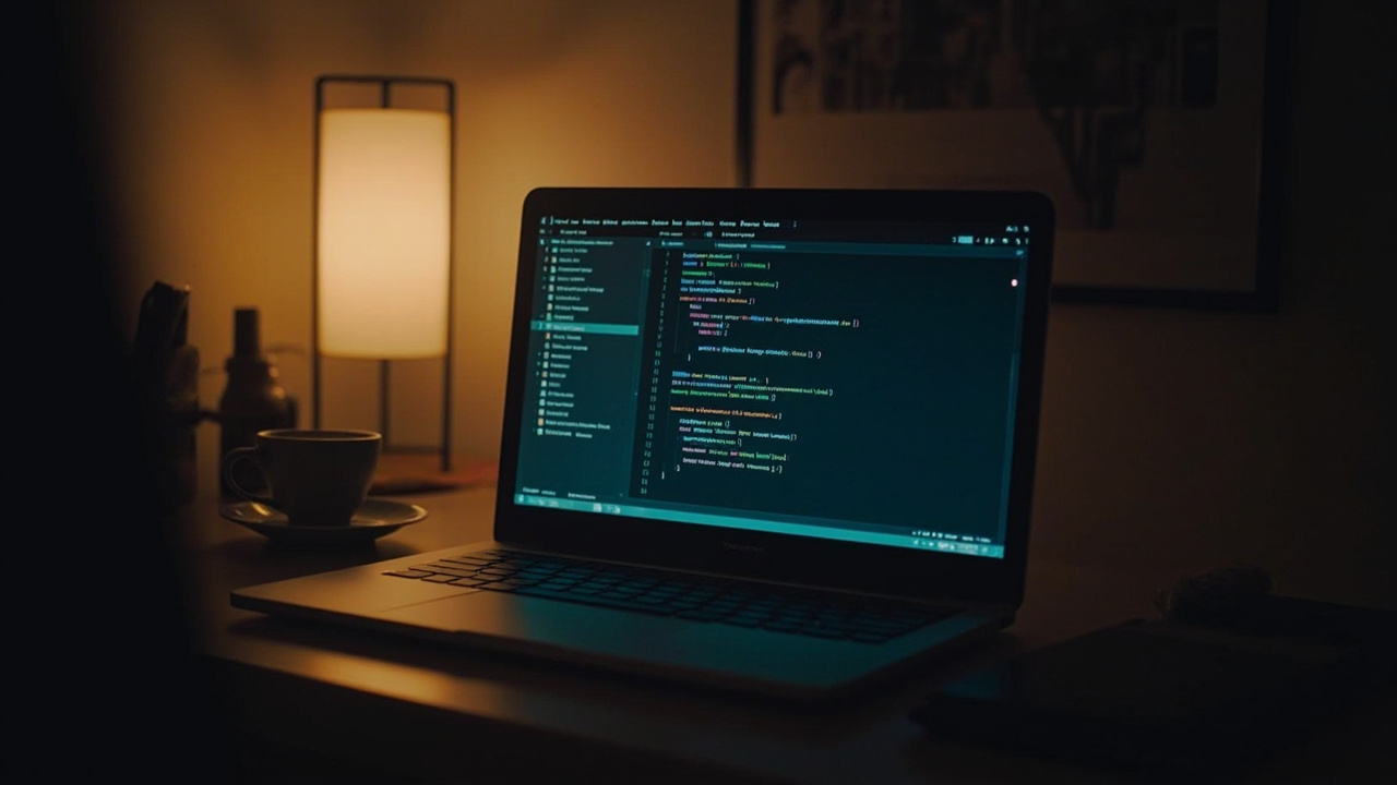 A developer's desk with a laptop screen showing code and a terminal, representing local AI model deployment