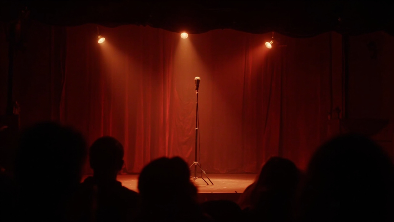 A spotlight illuminating an empty comedy stage microphone, red velvet curtain in background