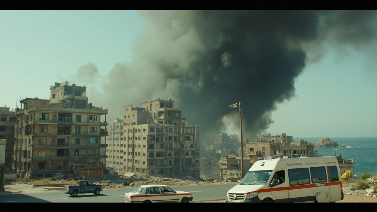 Smoke rising from bombed buildings in southern Lebanon against a clear sky