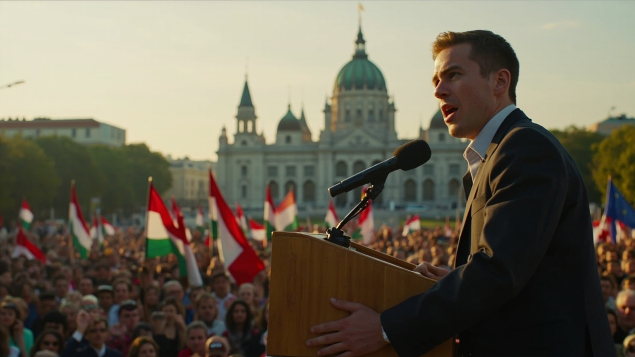 Péter Magyar addressing a large crowd at an outdoor rally in Budapest, Hungarian flags waving