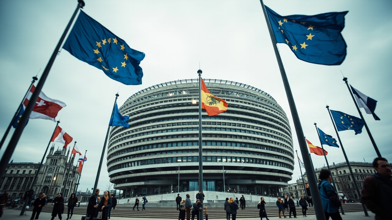 European Parliament building in Brussels with flags of member states