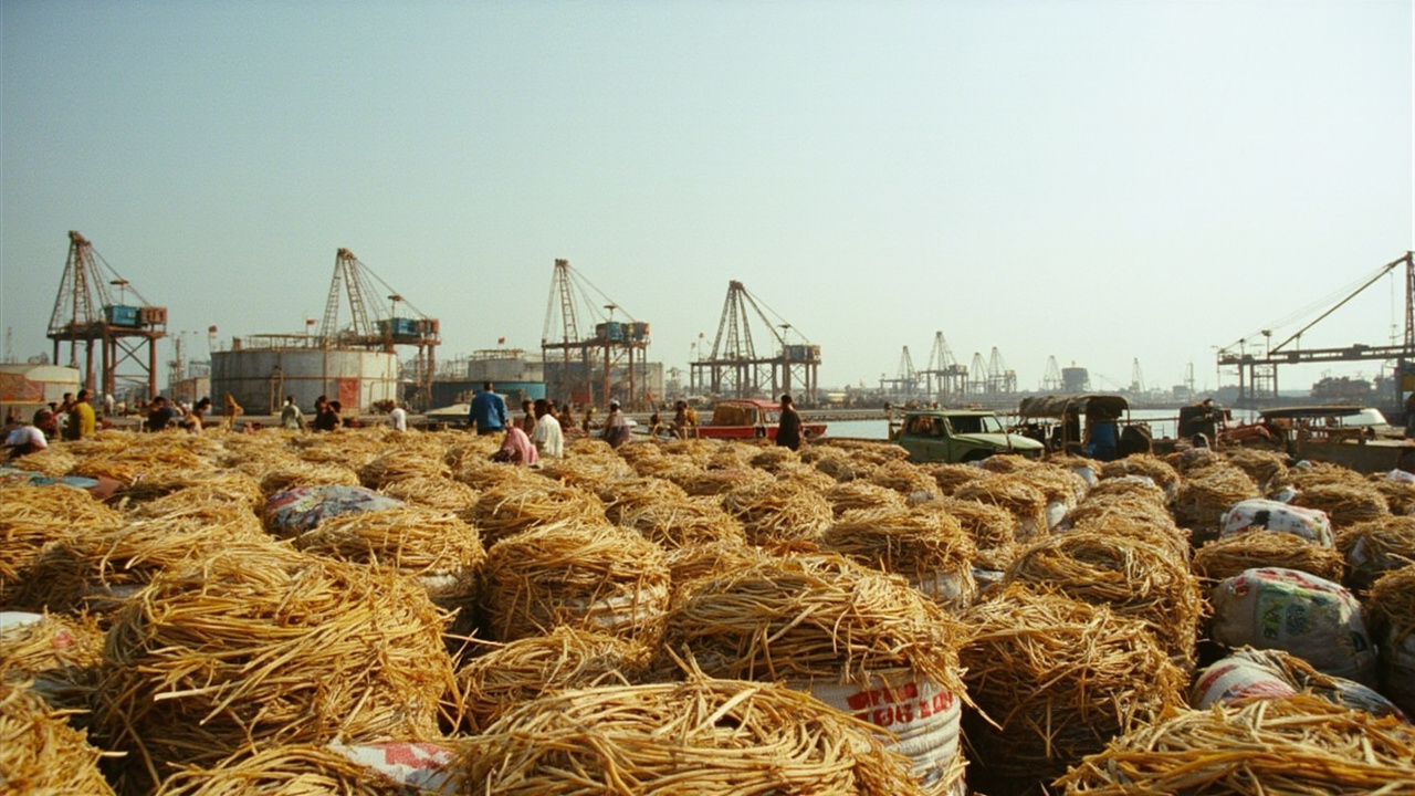 Rice sacks and oil barrels side by side at a port