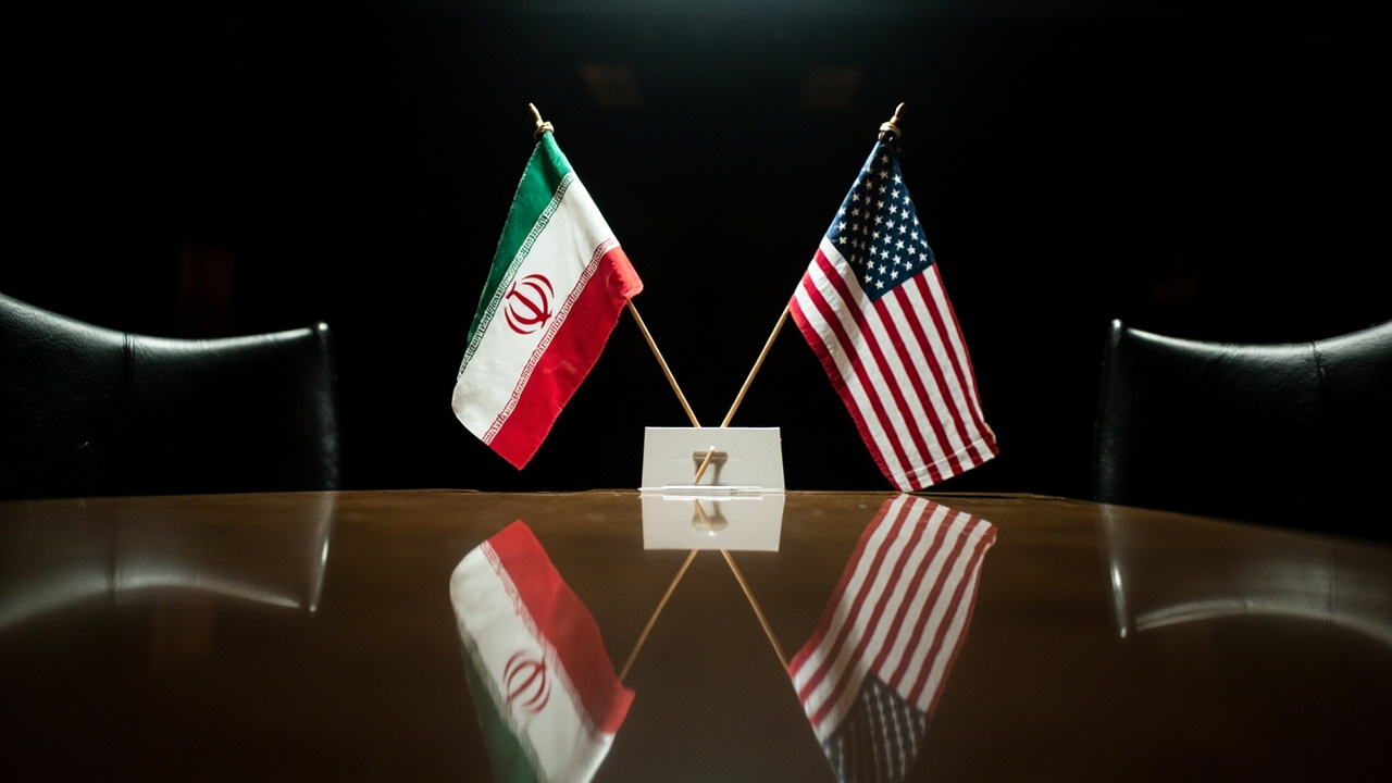 Split image showing Iranian and American flags over a document