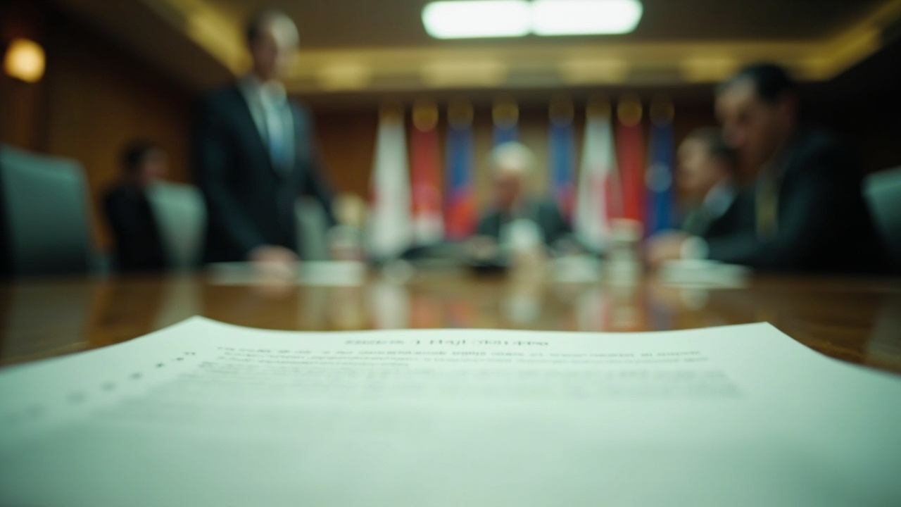 A printed diplomatic document on a desk with Iranian and American flags in the background
