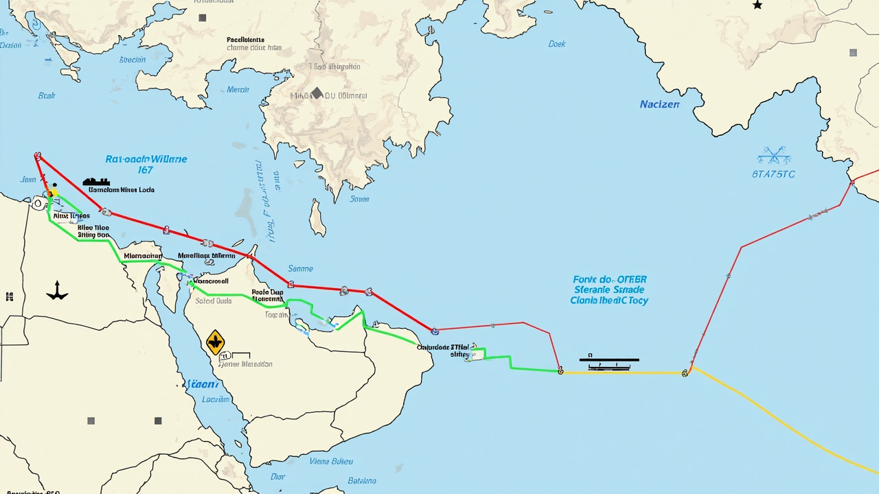 A nautical chart of the Strait of Hormuz with marked shipping corridors and hazard zones