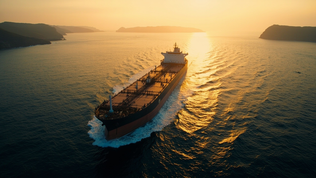 Oil tanker passing through a narrow strait at sunrise