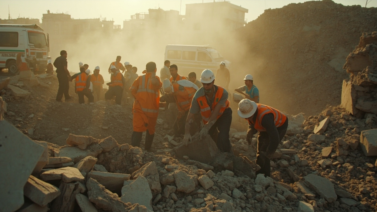 Rescue workers searching through rubble of a destroyed apartment building in southern Lebanon at dawn