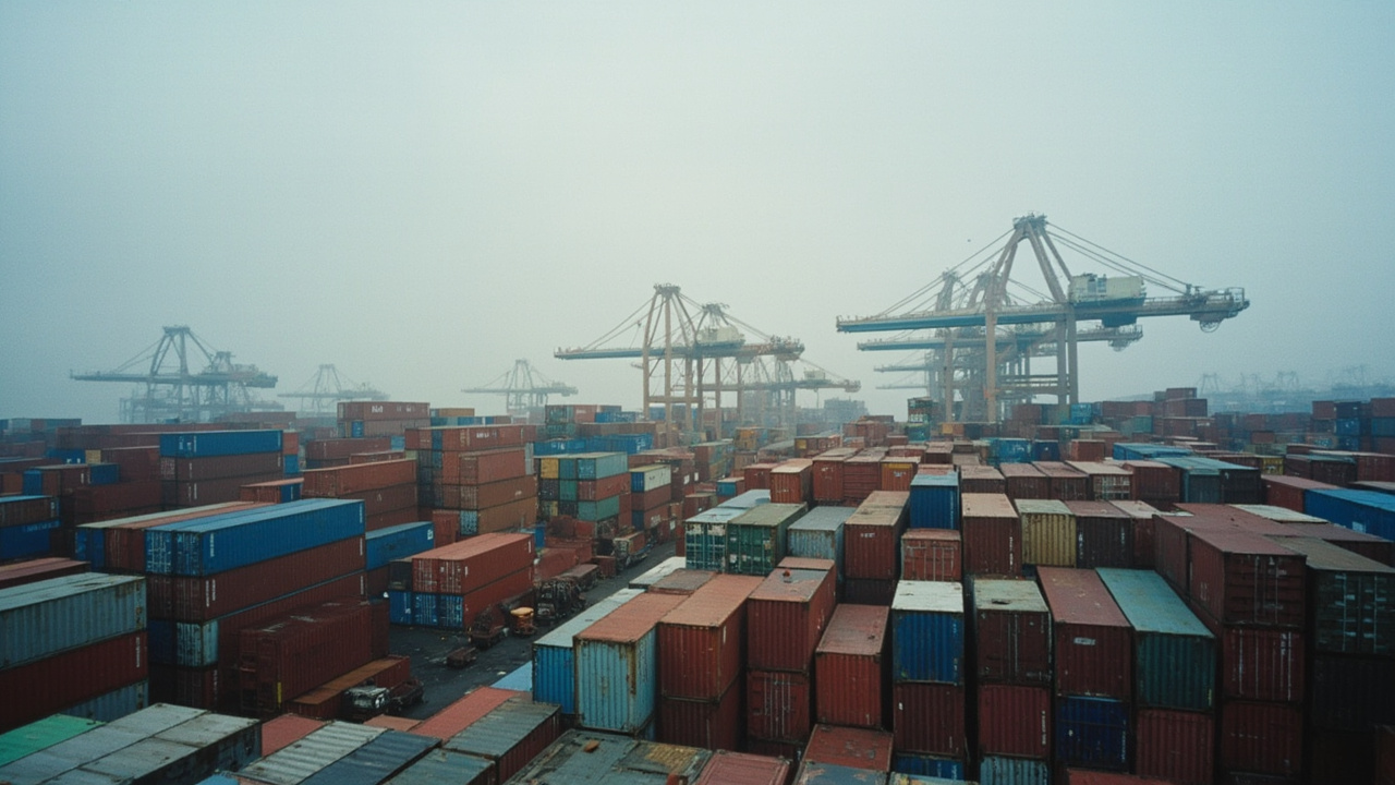 A shipping container port with stacked containers and a partly idle crane, overcast sky suggesting economic stagnation