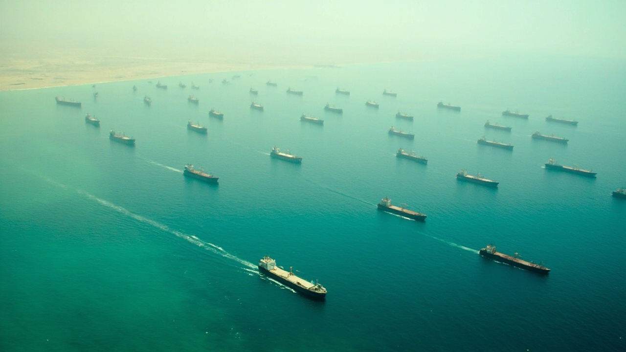Aerial view of dozens of cargo ships anchored in formation off a Middle Eastern coastline