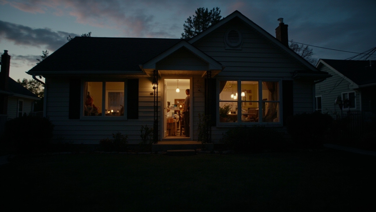A family standing in a suburban doorway looking exasperated, sitcom lighting