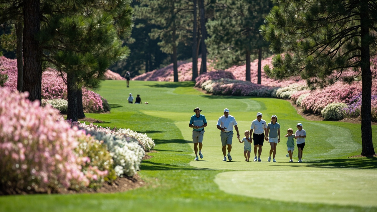 Golfers and their families on the lush green Par 3 course at Augusta National