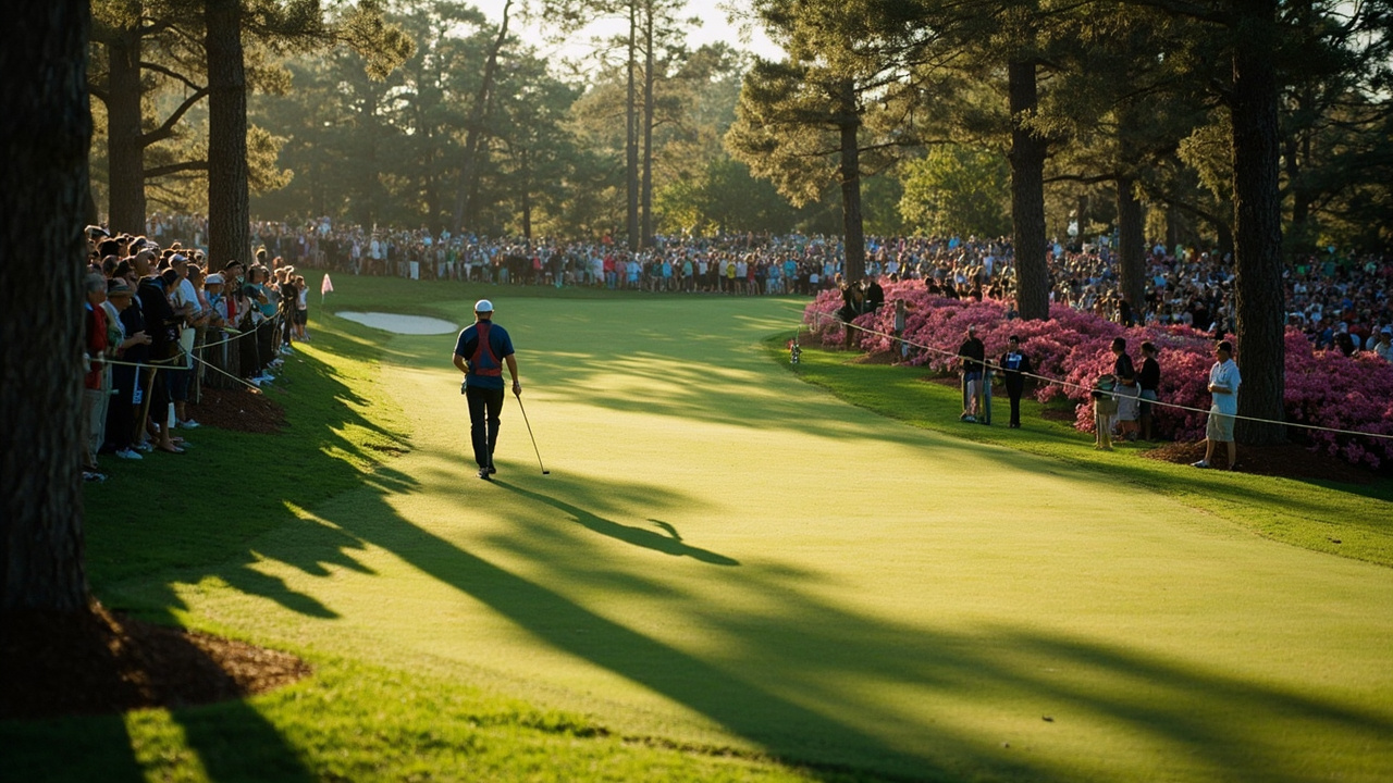 A golfer in white walking down the azalea-lined fairway at Augusta National in afternoon light