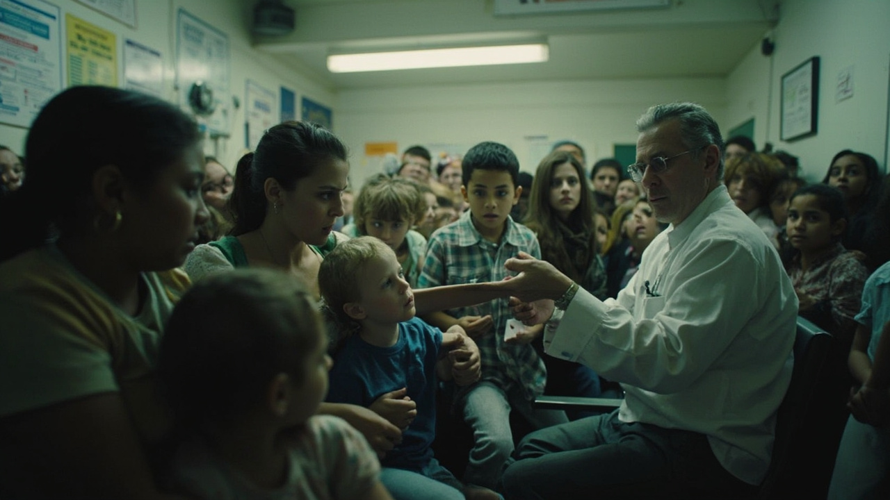 A pediatrician examining a young child's arm in a crowded clinic waiting room