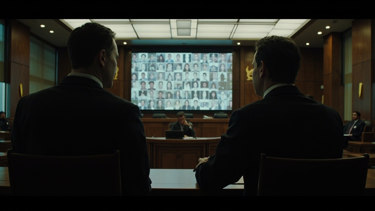 A courtroom with tech company logos displayed on a large evidence screen