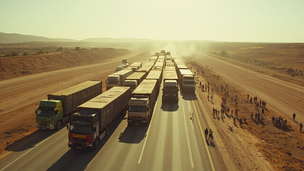 Mexican trucks parked across a highway creating a blockade