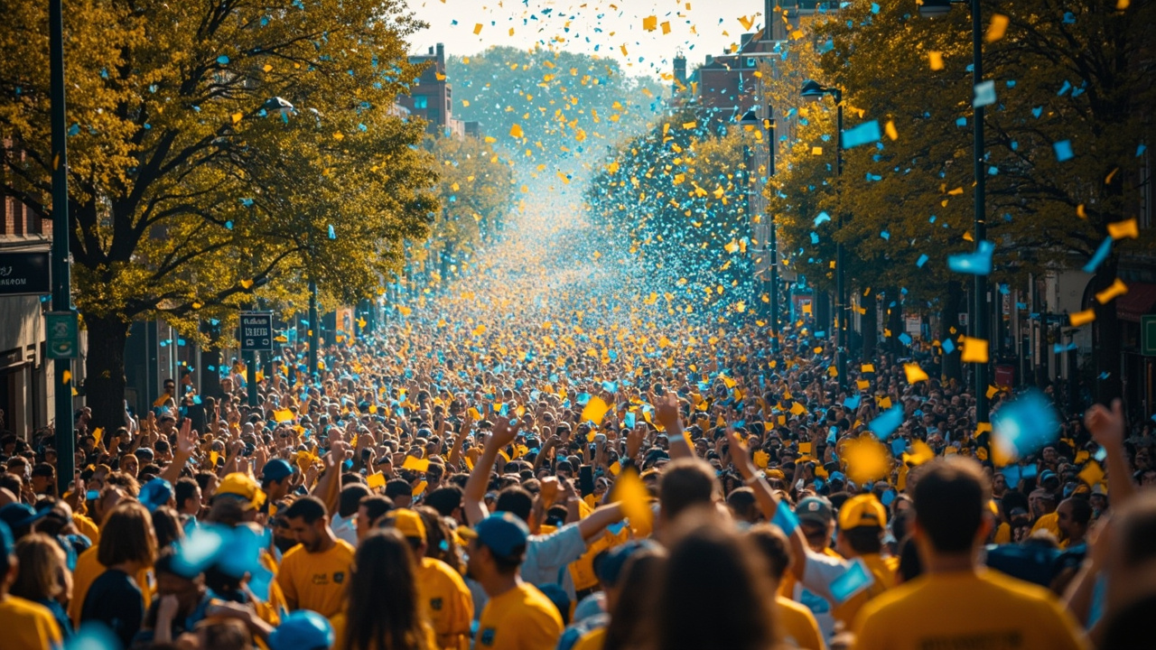 Crowds of Michigan fans in maize and blue filling a downtown Ann Arbor street in celebration