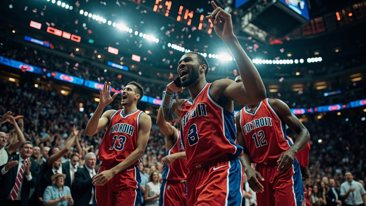 Detroit Pistons players celebrating on court after clinching a playoff spot, confetti visible, arena crowd cheering