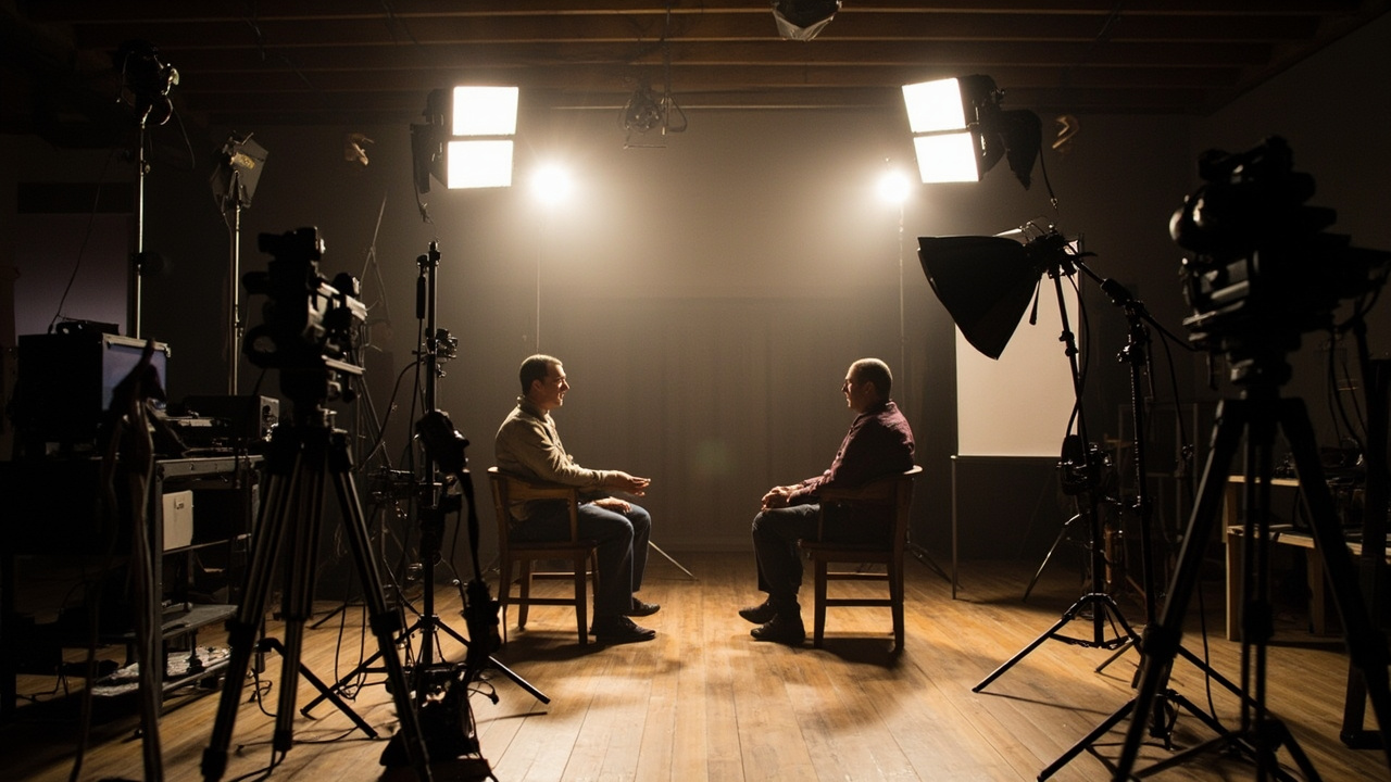 Television studio with AI company branding visible