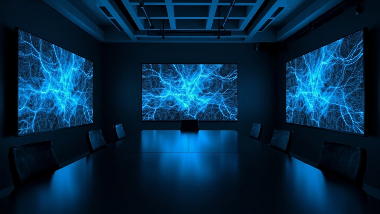Three corporate logos — OpenAI, Anthropic, and Google — displayed on screens in a dimly lit conference room