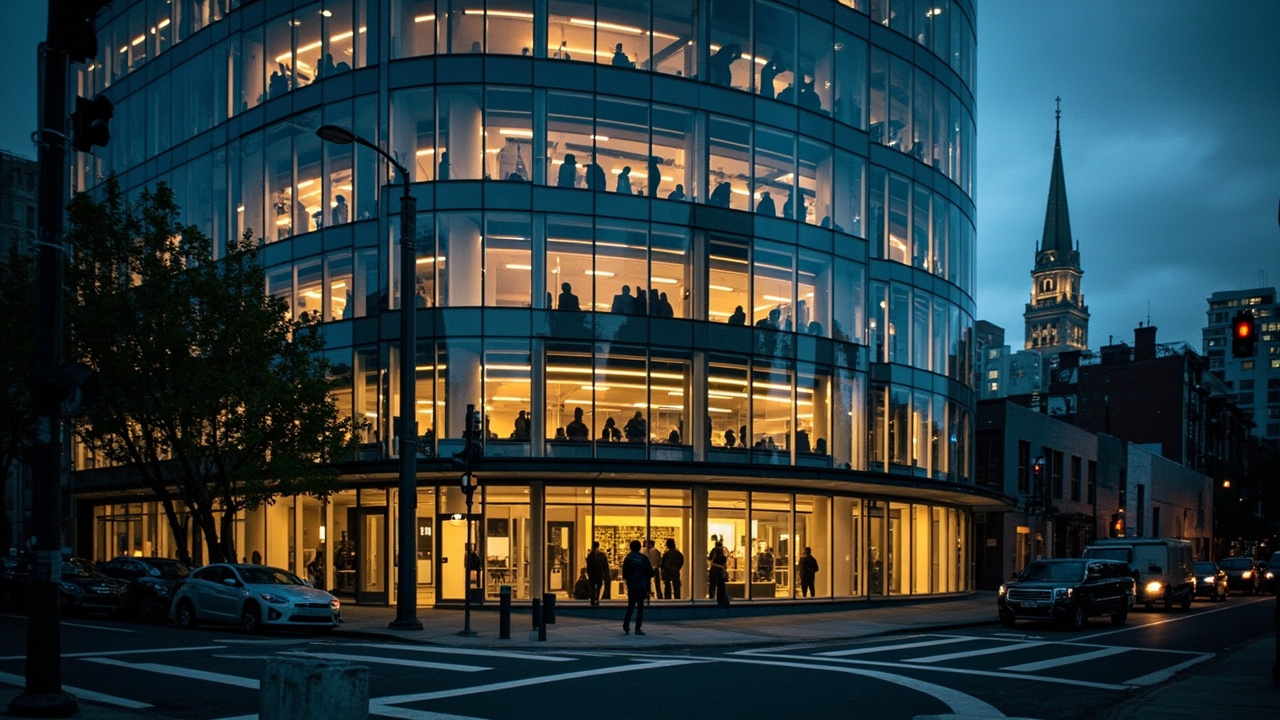 A glass-walled office tower in San Francisco's financial district reflecting the skyline, symbolizing massive tech capital concentration