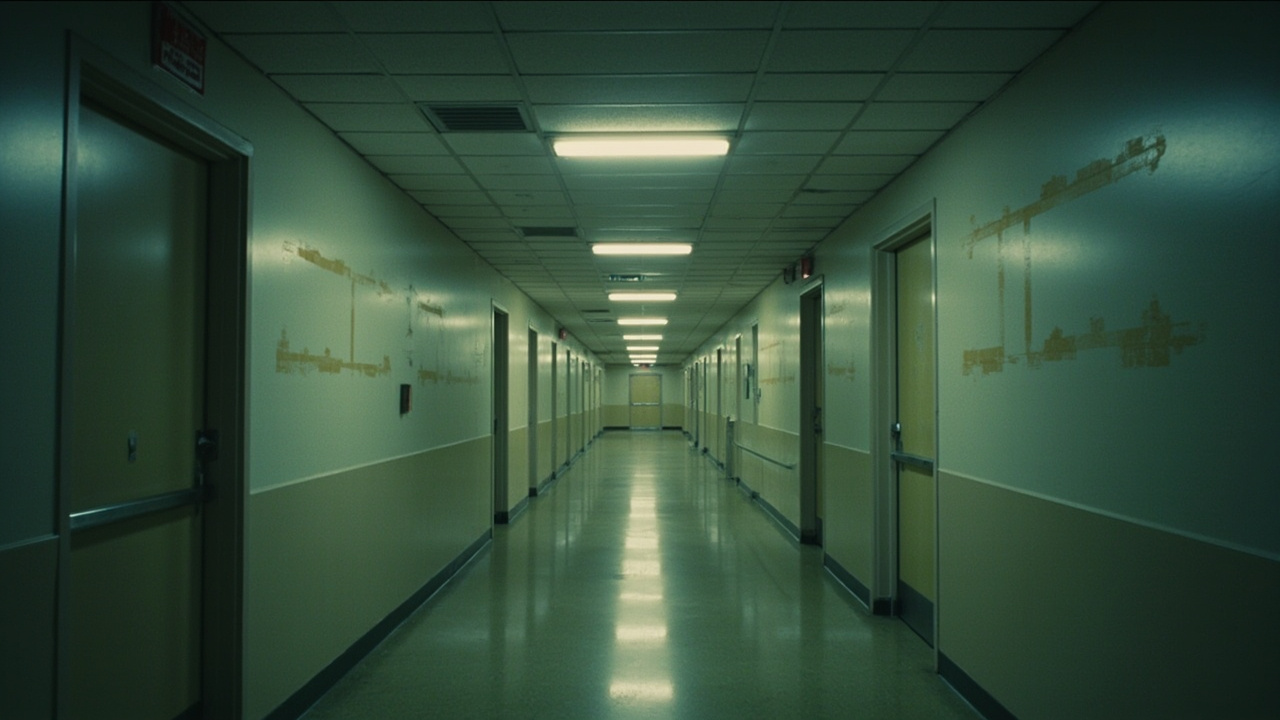 An empty government hallway with fluorescent lighting, doors closed, faded rectangular marks where signs once hung