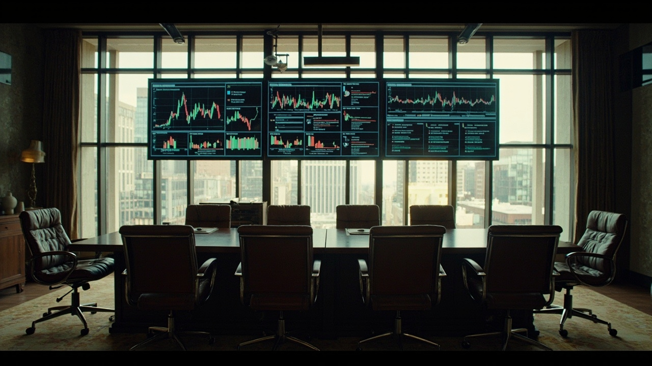 Wall Street trading floor with deal announcement screens
