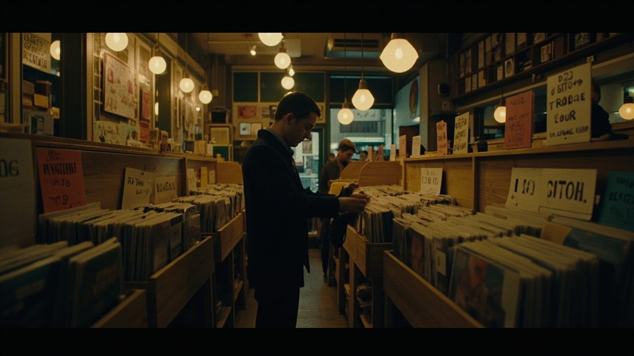 Vinyl records displayed in crates at an independent record store