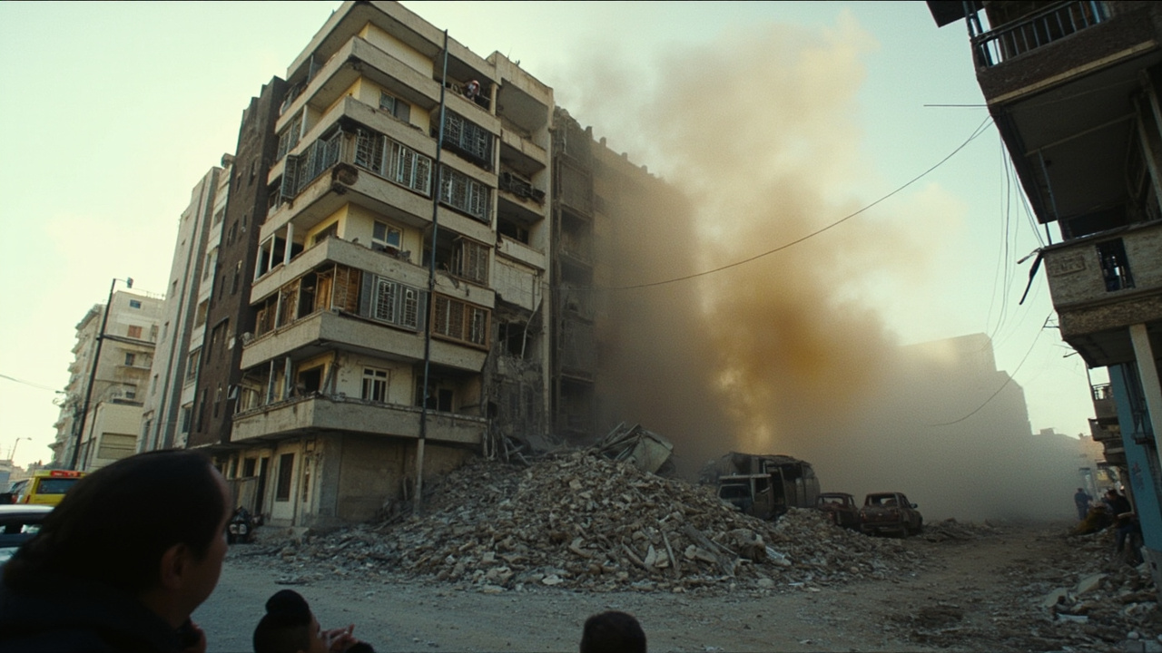 A damaged residential building in a densely populated Lebanese neighborhood, dust and debris visible, ambulances in the street below