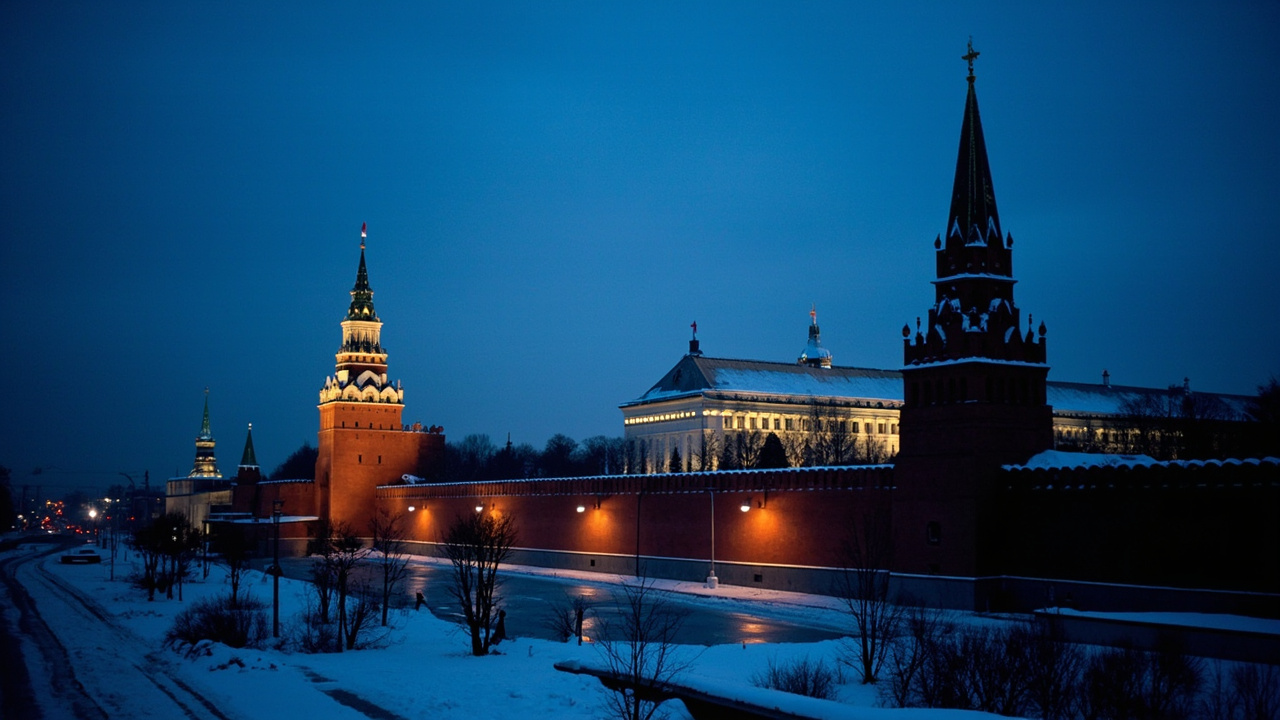 The Kremlin building at twilight with Russian flag visible