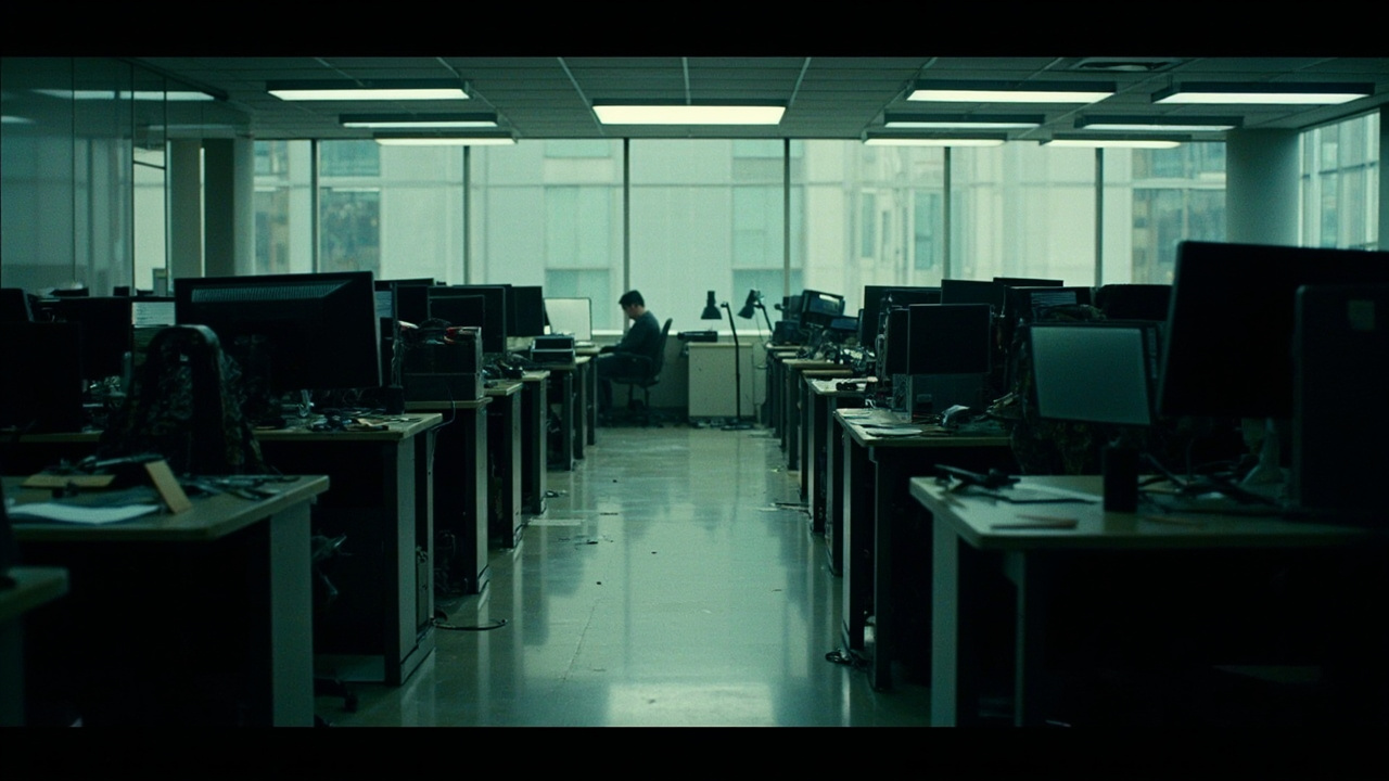 An empty open-plan tech office with abandoned desks and darkened monitors, a single worker visible in the distance