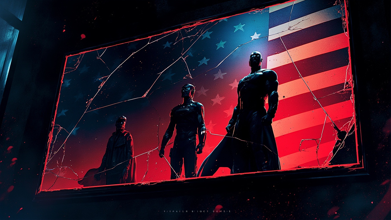 A shattered American flag reflected in a cracked mirror, superhero silhouettes visible in the distortion