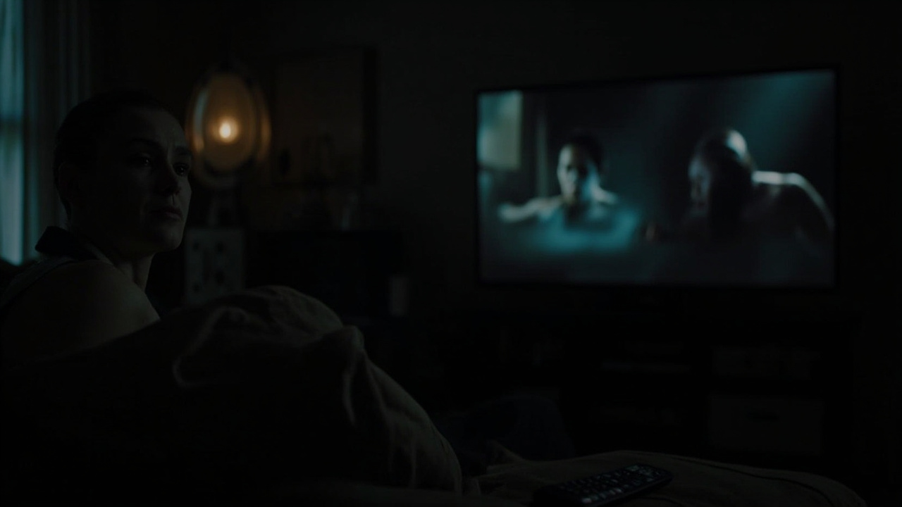 Television screen showing a dark superhero scene