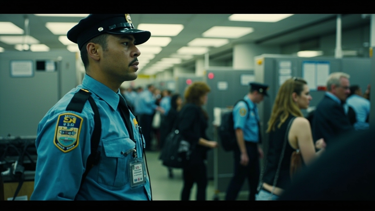 TSA agents at an airport security checkpoint processing travelers