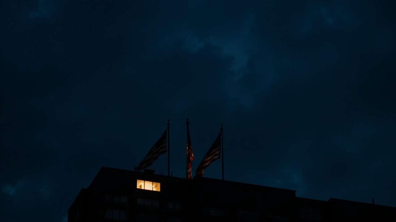 UN headquarters building with flags at half-light