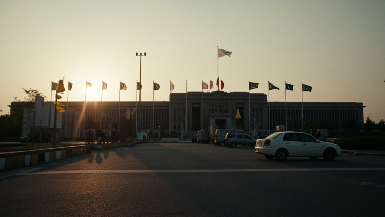 The Pakistan Foreign Ministry building in Islamabad at dusk, security barriers visible along the approach road