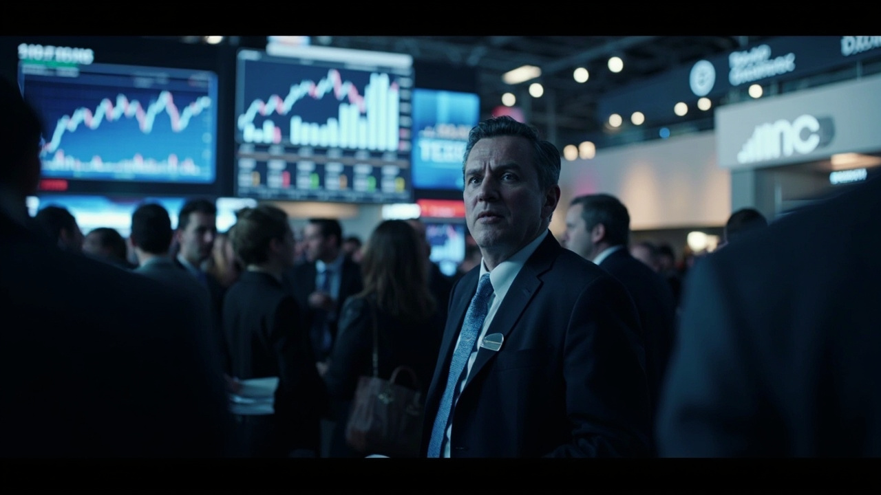 A bustling venture capital conference floor with investors in business attire, screens showing rising charts in the background