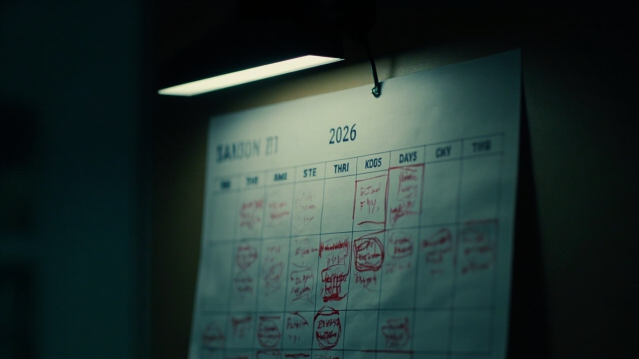 A wall calendar showing April 2026 with key dates circled in red marker