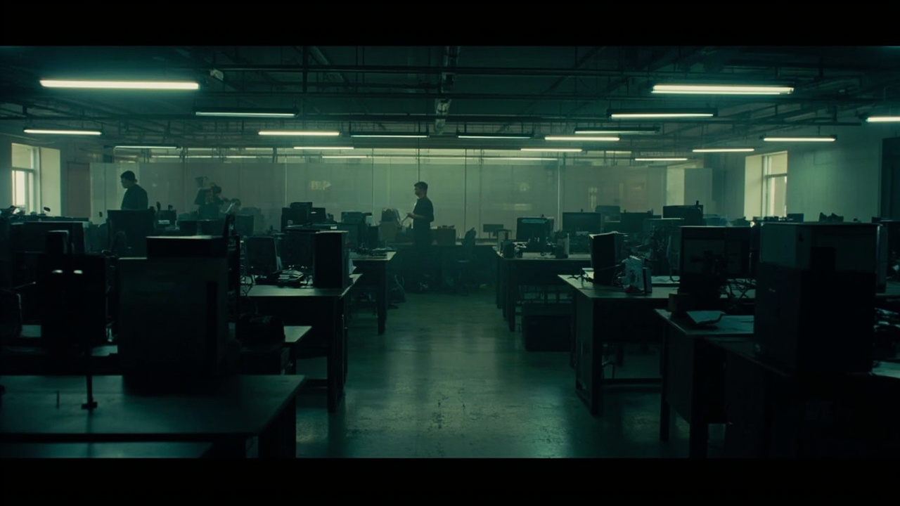 An empty newsroom with vacant desks and turned-off monitors