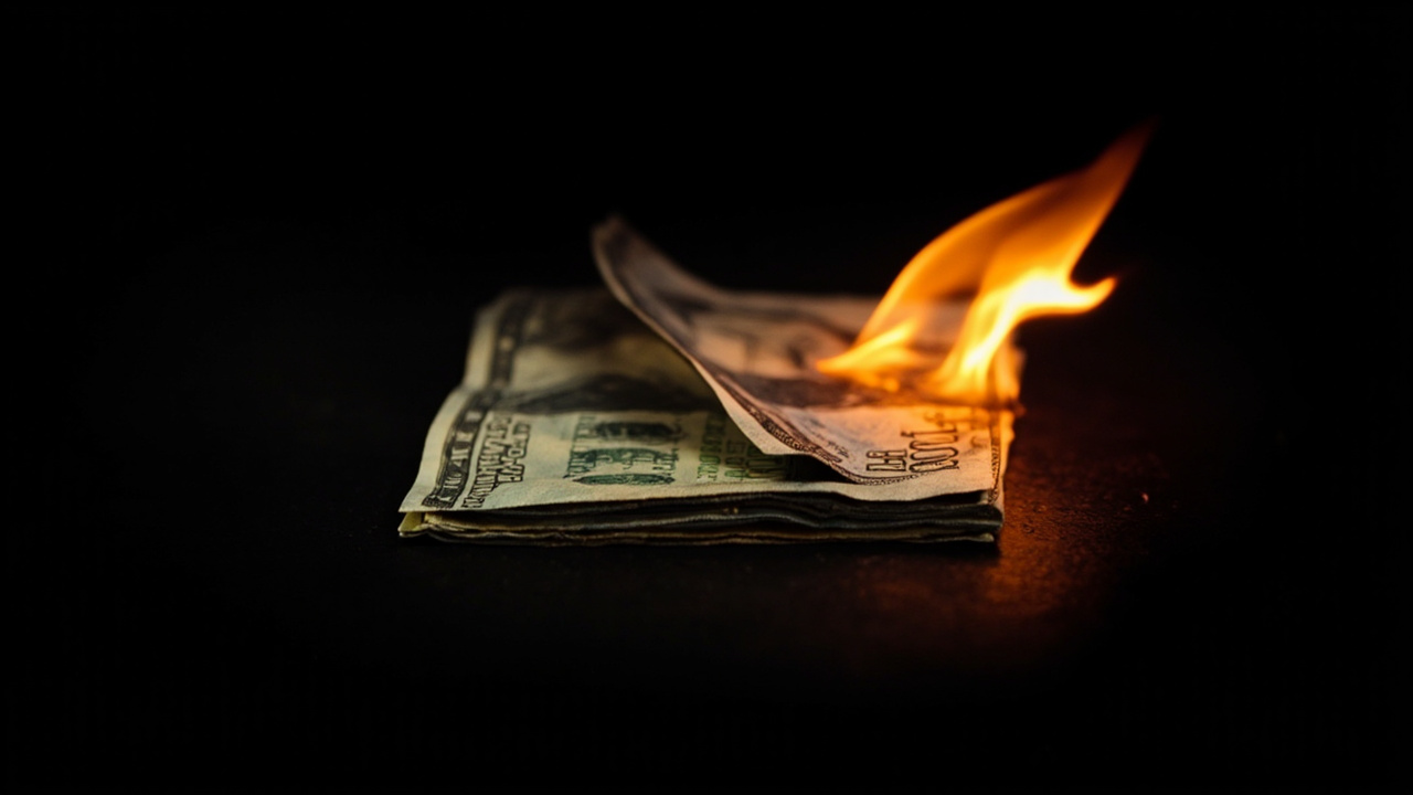 A burning dollar bill shaped like a GPU chip on a dark background