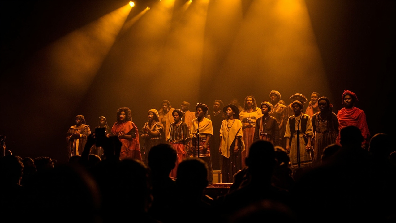 A South African choir performing in traditional attire under warm stage lighting