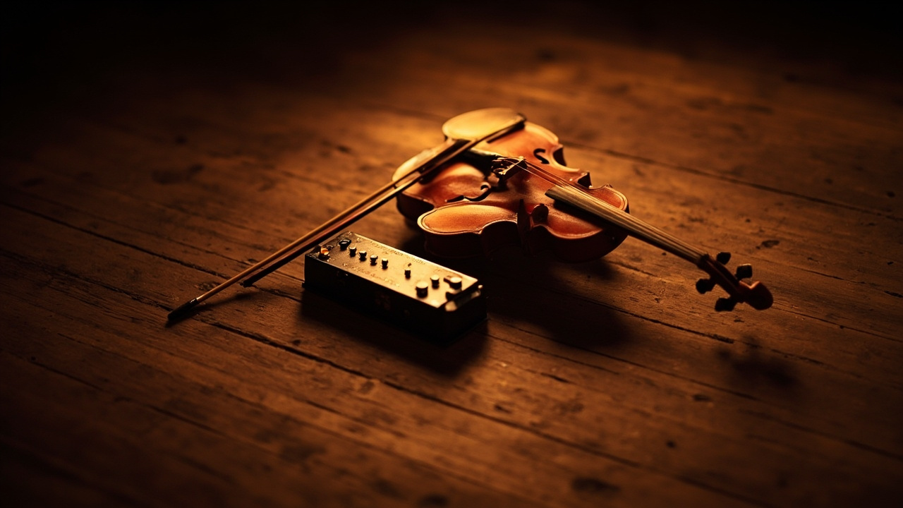 A violin and loop pedals on a wooden stage with warm amber lighting