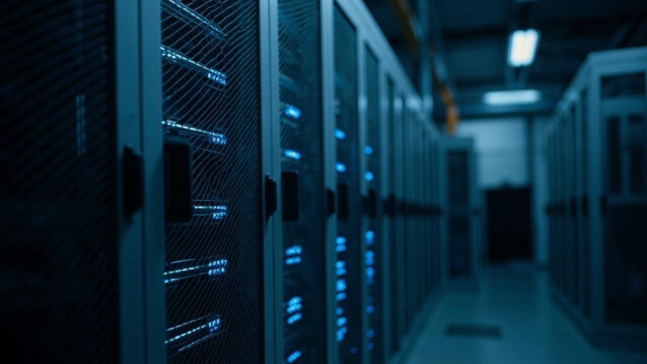 A server room with locked cage doors and glowing blue lights